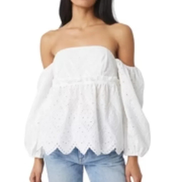 MISA Revolve Sera Off-the-shoulder Scalloped Eyelet Top In White Eyelet Sz: S - Picture 1 of 12
